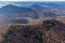 Oblique view of Castle ruins Anebos Jungturm and Scharfenberg in Leinsweiler in the state Rhineland-Palatinate, Germany