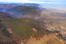 Panorama of the Haardtrand in winter from the south, from the St. Anna Chapel to the Hambach Castle in Burrweiler in the state Rhineland-Palatinate, Germany