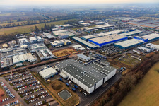 Aerial view of Landau East industrial area from the northeast with Rose Druck GmbH, RONAL GmbH and APL Automobil-Prüftechnik Landau GmbH in Landau in der Pfalz in the state Rhineland-Palatinate, Germany