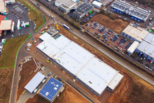Aerial view of Industrial Park W II with transparent packaging Weber GmbH in Herxheim bei Landau in the state Rhineland-Palatinate, Germany