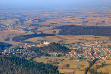 View of the town from the southwest with Lichtenberg Castle in the district Niedernhausen in Fischbachtal in the state Hesse, Germany