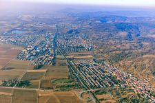View of the town on the edge of the Odenwald between the A5, railway line and B3 from the south in Hemsbach in the state Baden-Wuerttemberg, Germany