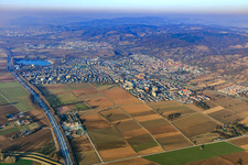 View of the town on the edge of the Odenwald between the A5, railway line and B3 from the southwest in Hemsbach in the state Baden-Wuerttemberg, Germany