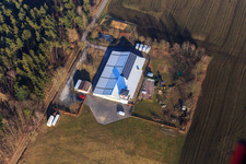 Aviator's lodge and hangar of the airfield Vielbrunn in the district Vielbrunn in Michelstadt in the state Hesse, Germany