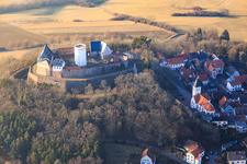 Aerial view of Veste Otzberg in winter in the district Hering in Otzberg in the state Hesse, Germany
