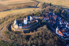 Veste Otzberg in winter in the district Hering in Otzberg in the state Hesse, Germany from above