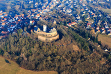 Veste Otzberg in winter in the district Hering in Otzberg in the state Hesse, Germany out of the air
