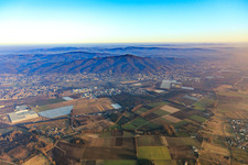 View of the town from the northwest in the background of the Odenwald with Melibokus in the district Sandwiese in Alsbach-Hähnlein in the state Hesse, Germany