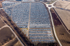 Aerial view of Warehouses and forwarding building and Custom storage of imported cars of Walon France in Lauterbourg in Grand Est, France