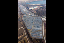 Aerial photograpy of Warehouses and forwarding building and Custom storage of imported cars of Walon France in Lauterbourg in Grand Est, France
