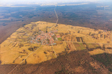 Aerial view of Village situated in a clearing of the Bienwald forest from the south in the district Büchelberg in Wörth am Rhein in the state Rhineland-Palatinate, Germany