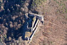 Aerial view of Ruins and vestiges of the former castle and fortress Burg Neuscharfeneck in Ramberg in the state Rhineland-Palatinate