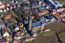 Aerial view of Catholic Church of St. Ludwig at the inner-city vineyards in Edenkoben in the state Rhineland-Palatinate, Germany