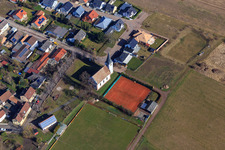 Aerial view of Castle church at the sports field of SV Altdorf Böbingen 1958 in Altdorf in the state Rhineland-Palatinate, Germany