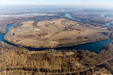 Aerial view of Sealing work on the site of the landfill of BASF on the island Flotzgruen at the Rhine in Roemerberg in the state Rhineland-Palatinate, Germany