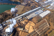 Oblique view of Konrad-Nolte-Straße industrial area across the Rhine with Rheinspan GmbH & Co. KG in Germersheim in the state Rhineland-Palatinate, Germany