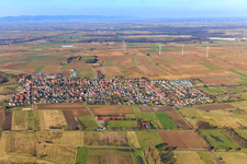 Village view beyond the Mühlbach from the south in Minfeld in the state Rhineland-Palatinate, Germany