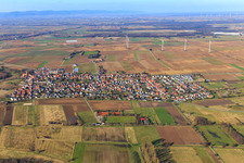 Aerial view of Village view beyond the Mühlbach from the south in Minfeld in the state Rhineland-Palatinate, Germany