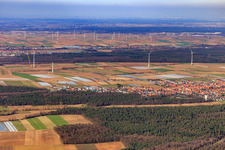 Aerial view of Wind farm Hatzenbühl almost finished from the south in Hatzenbühl in the state Rhineland-Palatinate, Germany