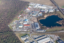 Aerial view of Am Hasenbiel industrial estate near Lake Stutensee in the district Blankenloch in Stutensee in the state Baden-Wuerttemberg, Germany