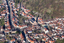 Aerial view of Parish Church of Cosmas and Damian in the district Untergrombach in Bruchsal in the state Baden-Wuerttemberg, Germany
