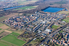Village on the lake bank areas of Baggersee Untergrombach in Untergrombach in the state Baden-Wurttemberg, Germany