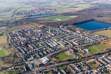 Aerial view of Village on the lake bank areas of Baggersee Untergrombach in Untergrombach in the state Baden-Wurttemberg, Germany