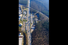 Aerial photograpy of Motorway service stations: Tank & Rast service station Bruchsal West and Serways service station Bruchsal East on the A5 from the north in Forst in the state Baden-Wuerttemberg, Germany