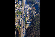 Oblique view of Motorway service stations: Tank & Rast service station Bruchsal West and Serways service station Bruchsal East on the A5 from the north in Forst in the state Baden-Wuerttemberg, Germany