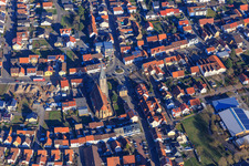 Main Street, St. Remigius and Lußhardthalle from the west in Hambrücken in the state Baden-Wuerttemberg, Germany