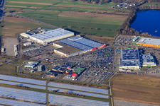 Aerial view of GLOBUS Waghäusel-Wiesental, Globus hardware store Waghäusel-Wiesental and furniture ROLLER Waghäusel-Wiesental in the district Wiesental in Waghäusel in the state Baden-Wuerttemberg, Germany