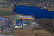 Aerial view of GLOBUS Waghäusel-Wiesental,. Globus hardware store Waghäusel-Wiesental at the gravel pit Waghäusel-Wiesental in the district Wiesental in Waghäusel in the state Baden-Wuerttemberg, Germany