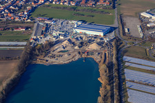 Aerial view of Concrete lake with Fehr Technologies concrete plant from the southwest in the district Wiesental in Waghäusel in the state Baden-Wuerttemberg, Germany