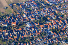 Aerial view of Village center with Catholic Church of St. Martin in Hanhofen in the state Rhineland-Palatinate, Germany