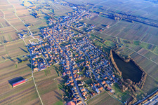 Overview of the town with Schloßweier on the A65 from the west in Kirrweiler in the state Rhineland-Palatinate, Germany