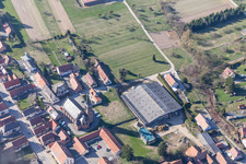 Aerial photograpy of Church building in the village of in Betschdorf in Grand Est, France