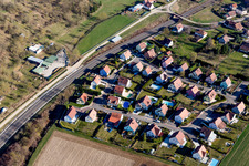 Aerial view of Railway track and overhead wiring harness in the TGV route network of the SNCF in Ettendorf in Grand Est, France