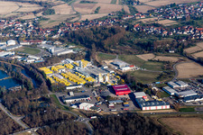 Aerial photograpy of Building and production halls on the premises of Xella Deutschland GmbH in the district Freistett in Rheinau in the state Baden-Wurttemberg, Germany
