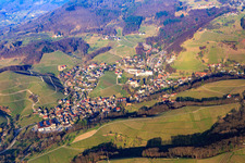 View of the village between Baden vineyards from the west with the Am Werth senior citizens' center in Sasbachwalden in the state Baden-Wuerttemberg, Germany