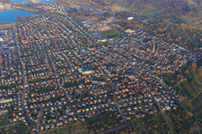 Aerial view of City overview from the southwest in front of Kaltenbachsee in Muggensturm in the state Baden-Wuerttemberg, Germany