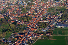 Overview of the town with main street from the southwest in Bellheim in the state Rhineland-Palatinate, Germany