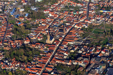 Aerial view of Overview of the town with main street from the southwest in Bellheim in the state Rhineland-Palatinate, Germany