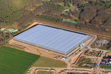 Aerial view of Waldstückerring industrial area with construction site of the logistics hall for Continental Reifen GmbH and FIEGE Logistik in Bellheim in the state Rhineland-Palatinate, Germany