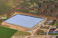 Aerial photograpy of Waldstückerring industrial area with construction site of the logistics hall for Continental Reifen GmbH and FIEGE Logistik in Bellheim in the state Rhineland-Palatinate, Germany
