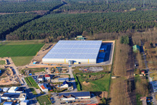 Waldstückerring industrial area with construction site of the logistics hall for Continental Reifen GmbH and FIEGE Logistik in Bellheim in the state Rhineland-Palatinate, Germany seen from above
