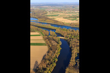 Aerial view of Mouth of the Michelsbach into the Rhine at the Sonderheim South pumping station in the district Sondernheim in Germersheim in the state Rhineland-Palatinate, Germany