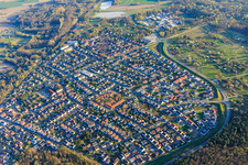 Overview of the village south of Hatzenbühler Straße from the northwest with Kindergarten Schwalbennest and Kindergarten Albertino in Jockgrim in the state Rhineland-Palatinate, Germany