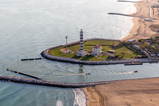 Aerial view of Light House Faro di Piave Vecchiaas a historic seafaring character in the coastal area of Adria in Lido di Jesolo in Venetien, Italy