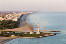 Light House Faro di Piave Vecchiaas a historic seafaring character in the coastal area of Adria in Lido di Jesolo in Venetien, Italy from above