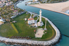 Light House Faro di Piave Vecchiaas a historic seafaring character in the coastal area of Adria in Lido di Jesolo in Venetien, Italy seen from above